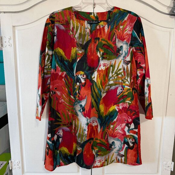 Kikisol Parrot Print Long Tunic, Size Medium - Picture 1 of 9